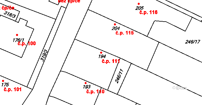 Jestřabí Lhota 111 na parcele st. 194 v KÚ Jestřabí Lhota, Katastrální mapa