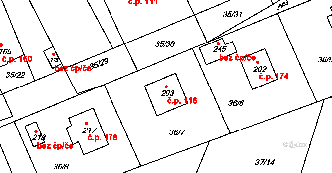 Tachlovice 116 na parcele st. 203 v KÚ Tachlovice, Katastrální mapa