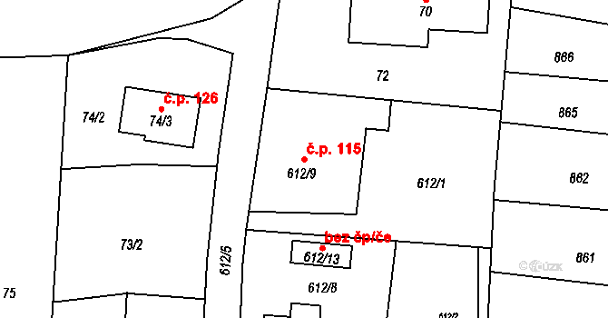 Milavče 115 na parcele st. 612/9 v KÚ Milavče, Katastrální mapa