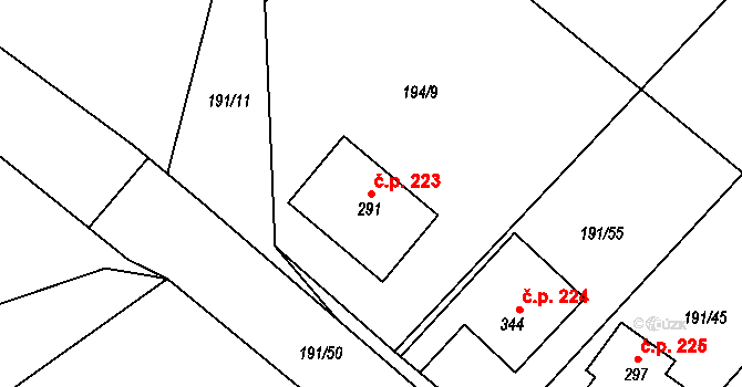 Babí 223, Náchod na parcele st. 291 v KÚ Babí u Náchoda, Katastrální mapa