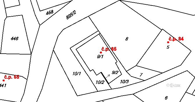 Děrné 85, Fulnek na parcele st. 9/1 v KÚ Děrné, Katastrální mapa