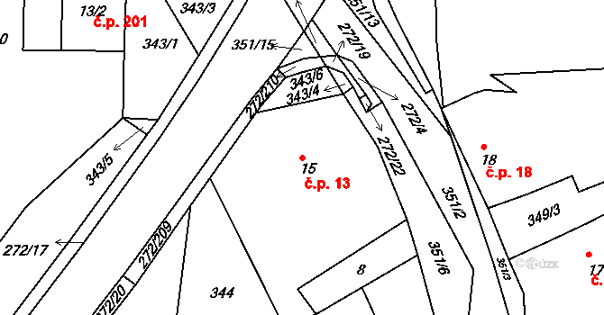 Okrouhlice 13 na parcele st. 15 v KÚ Okrouhlice, Katastrální mapa
