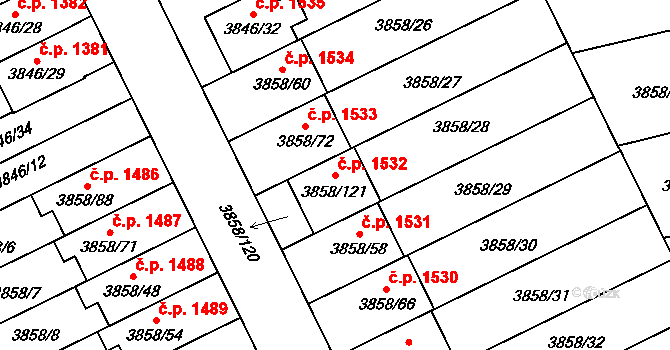 Chotěboř 1532 na parcele st. 3858/121 v KÚ Chotěboř, Katastrální mapa