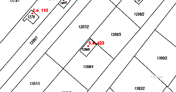 Želešice 423 na parcele st. 1288/8 v KÚ Želešice, Katastrální mapa