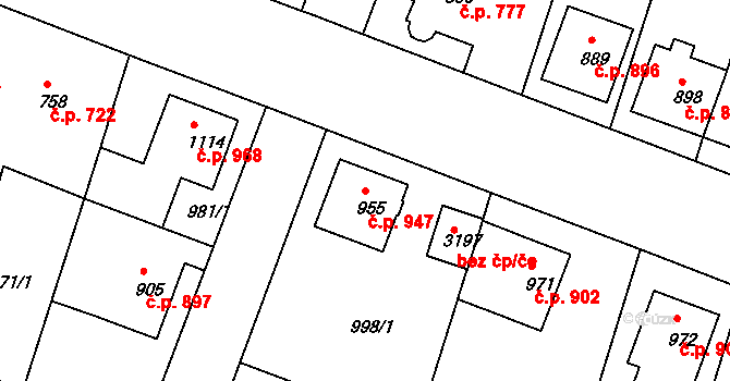 Bystřice pod Hostýnem 947 na parcele st. 955 v KÚ Bystřice pod Hostýnem, Katastrální mapa
