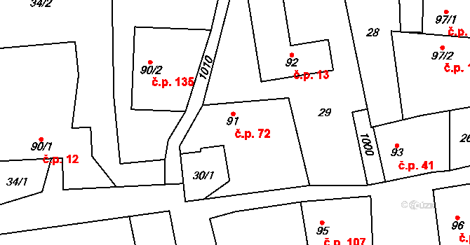 Šubířov 72 na parcele st. 91 v KÚ Šubířov, Katastrální mapa