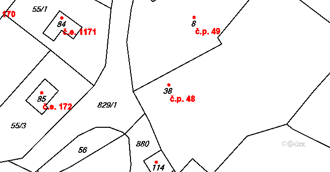 Zhoř 48, Červené Janovice na parcele st. 38 v KÚ Zhoř u Červených Janovic, Katastrální mapa