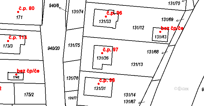 Litvínovice 97 na parcele st. 131/36 v KÚ Litvínovice, Katastrální mapa