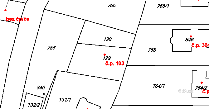 Jenišov 103 na parcele st. 129 v KÚ Jenišov, Katastrální mapa