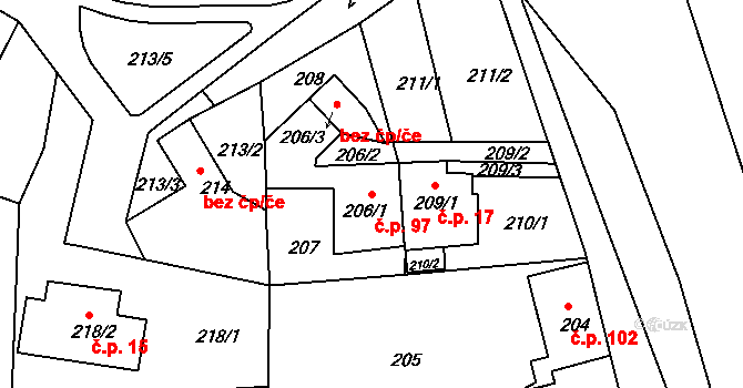 Pávov 97, Jihlava na parcele st. 206/1 v KÚ Pávov, Katastrální mapa