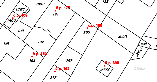 Kačice 186 na parcele st. 206 v KÚ Kačice, Katastrální mapa
