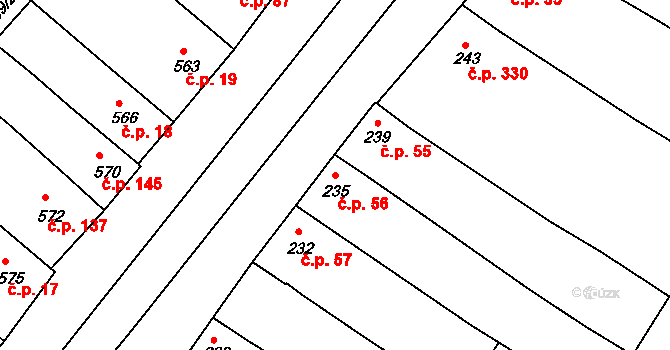 Milokošť 56, Veselí nad Moravou na parcele st. 235 v KÚ Milokošť, Katastrální mapa