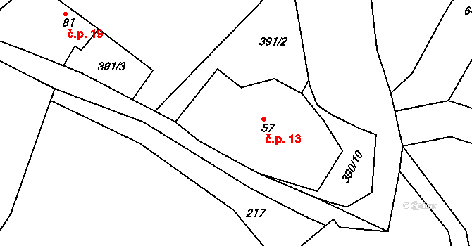 Slavkov 13, Olbramovice na parcele st. 57 v KÚ Křešice u Olbramovic, Katastrální mapa