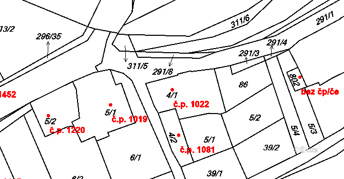 Švermov 1022, Kladno na parcele st. 4/1 v KÚ Hnidousy, Katastrální mapa