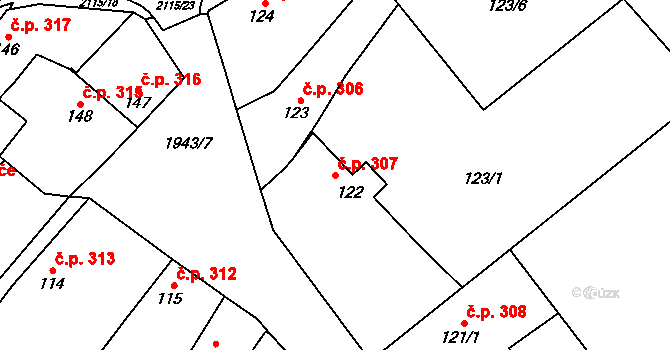 Třebechovice pod Orebem 307 na parcele st. 122 v KÚ Třebechovice pod Orebem, Katastrální mapa