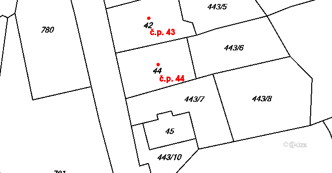 Šejby 44, Horní Stropnice na parcele st. 44 v KÚ Šejby, Katastrální mapa