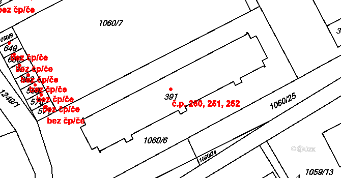 Kvasiny 250,251,252 na parcele st. 391 v KÚ Kvasiny, Katastrální mapa