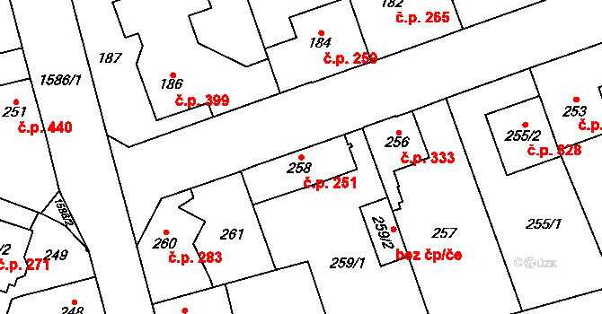 Řeporyje 251, Praha na parcele st. 258 v KÚ Řeporyje, Katastrální mapa