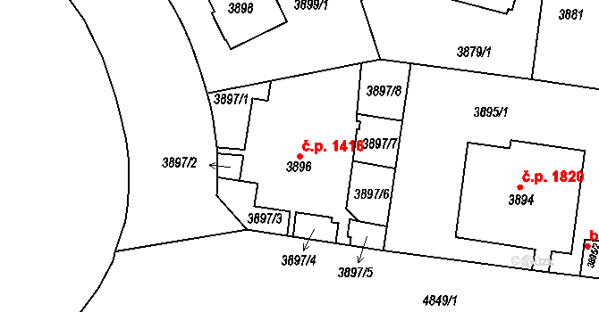 Smíchov 1416, Praha na parcele st. 3896 v KÚ Smíchov, Katastrální mapa