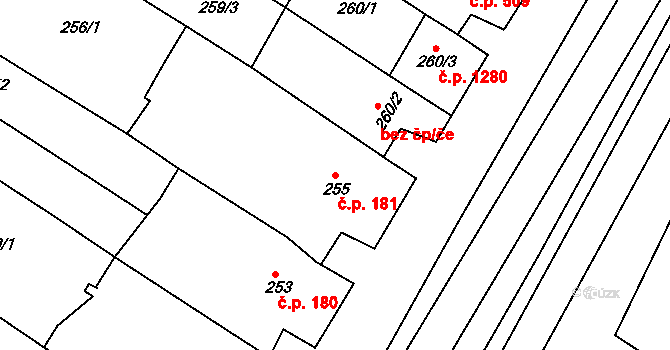 Mutěnice 181 na parcele st. 255/1 v KÚ Mutěnice, Katastrální mapa