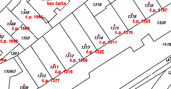 Chomutov 1322 na parcele st. 1313 v KÚ Chomutov I, Katastrální mapa