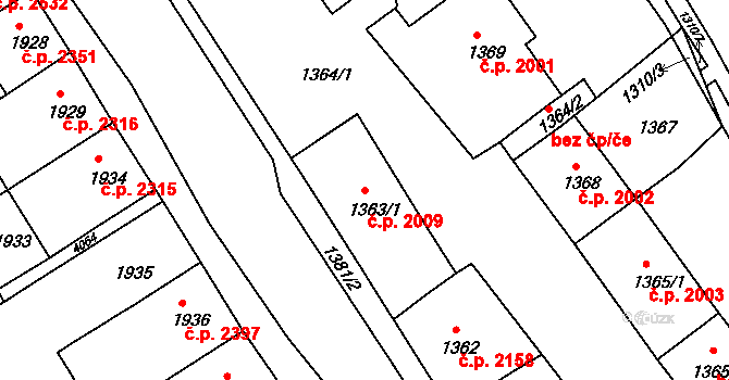 Chomutov 2009 na parcele st. 1363/1 v KÚ Chomutov II, Katastrální mapa