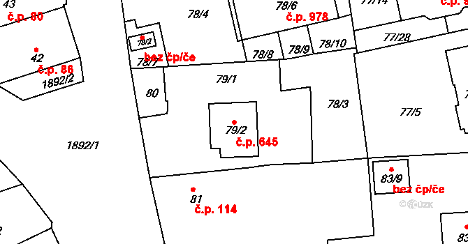 Černice 645, Plzeň na parcele st. 79/2 v KÚ Černice, Katastrální mapa