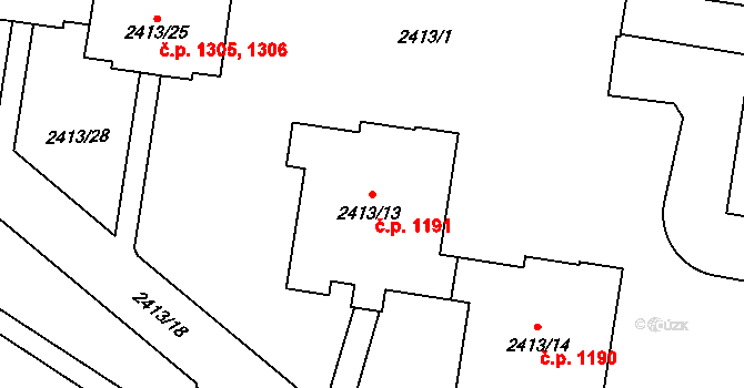 Doubravka 1191, Plzeň na parcele st. 2413/13 v KÚ Doubravka, Katastrální mapa
