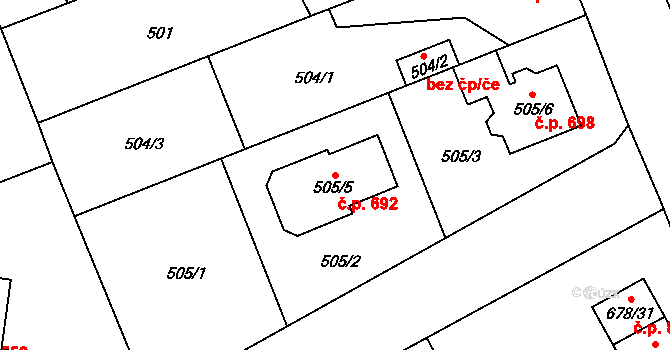 Holice 692, Olomouc na parcele st. 505/5 v KÚ Holice u Olomouce, Katastrální mapa