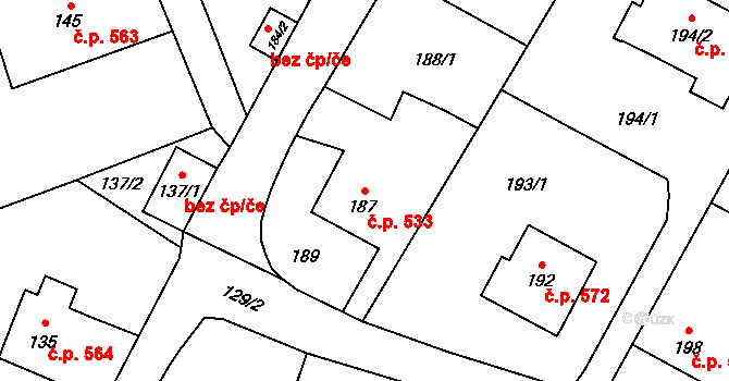 Plesná 533, Ostrava na parcele st. 187 v KÚ Nová Plesná, Katastrální mapa