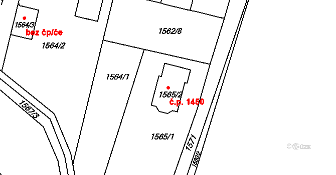 Hluk 1450 na parcele st. 1565/2 v KÚ Hluk, Katastrální mapa