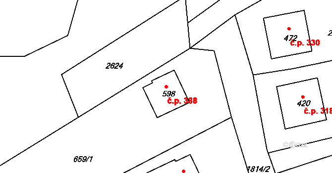 Tečovice 388 na parcele st. 598 v KÚ Tečovice, Katastrální mapa
