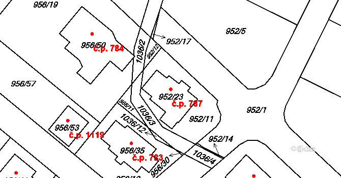 Srubec 787 na parcele st. 952/23 v KÚ Srubec, Katastrální mapa