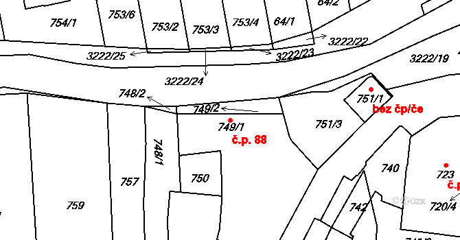 Bystřice nad Pernštejnem 88 na parcele st. 749/1 v KÚ Bystřice nad Pernštejnem, Katastrální mapa