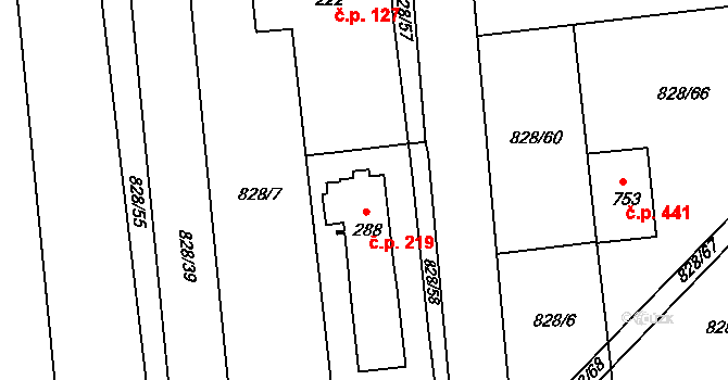 Louky 219, Zlín na parcele st. 288 v KÚ Louky nad Dřevnicí, Katastrální mapa