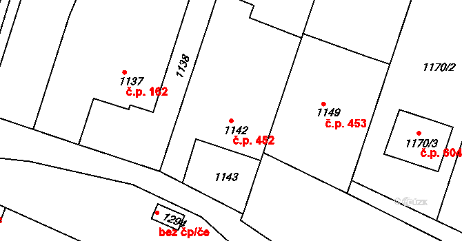 Želechovice nad Dřevnicí 452 na parcele st. 1142 v KÚ Želechovice nad Dřevnicí, Katastrální mapa