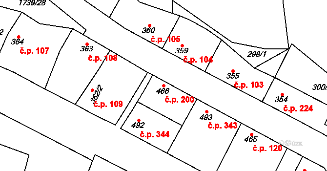 Mšeno 200 na parcele st. 466 v KÚ Mšeno, Katastrální mapa