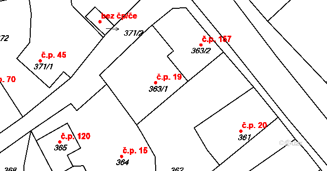 Bušovice 19 na parcele st. 363/1 v KÚ Bušovice, Katastrální mapa