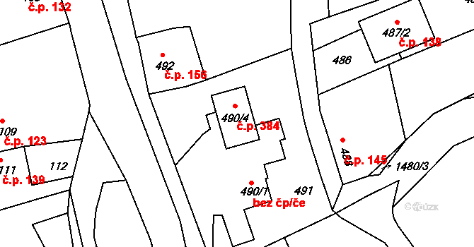 Olomučany 384 na parcele st. 490/4 v KÚ Olomučany, Katastrální mapa