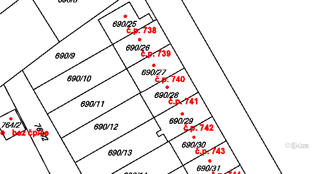 Loštice 741 na parcele st. 690/28 v KÚ Loštice, Katastrální mapa