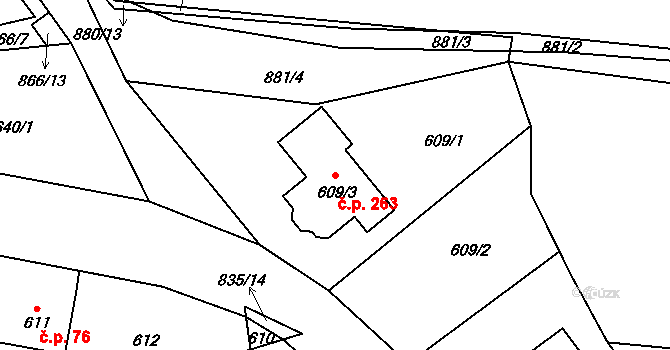 Točná 263, Praha na parcele st. 609/3 v KÚ Točná, Katastrální mapa