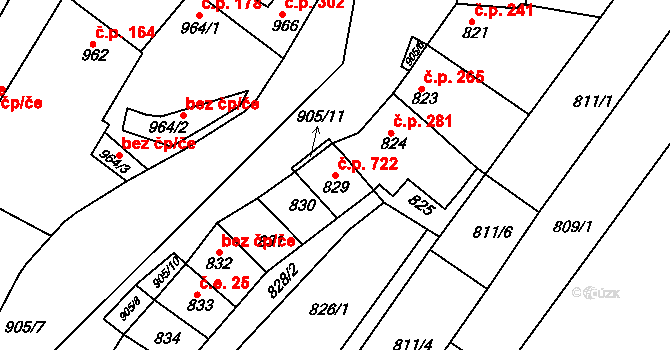 Blučina 722 na parcele st. 829 v KÚ Blučina, Katastrální mapa