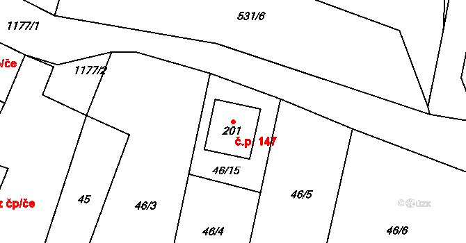 Raná 147 na parcele st. 201 v KÚ Raná u Loun, Katastrální mapa
