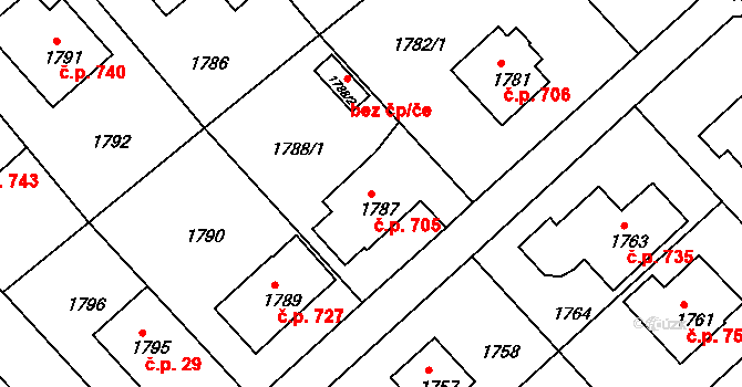 Bílovec 705 na parcele st. 1787 v KÚ Bílovec-město, Katastrální mapa