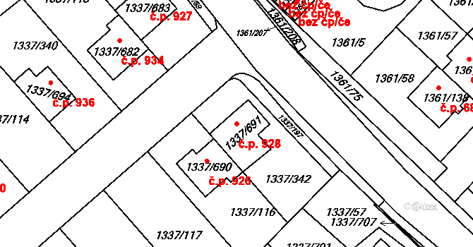 Vinoř 928, Praha na parcele st. 1337/691 v KÚ Vinoř, Katastrální mapa