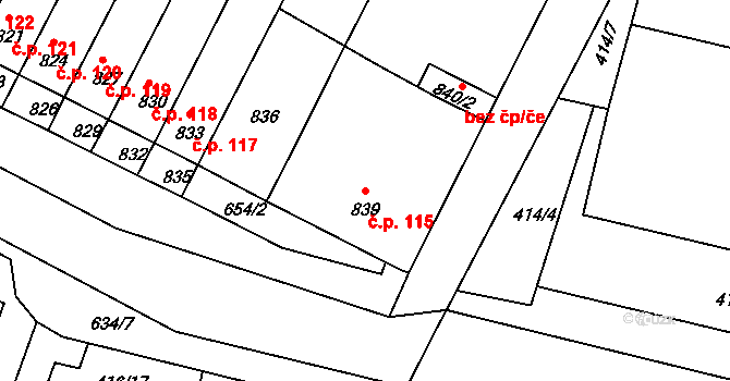 Rychlov 115, Bystřice pod Hostýnem na parcele st. 839 v KÚ Rychlov u Bystřice pod Hostýnem, Katastrální mapa