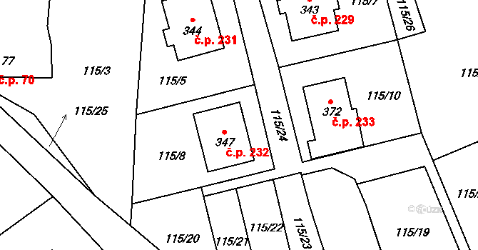 Olešnice 232 na parcele st. 347 v KÚ Olešnice u Trhových Svinů, Katastrální mapa