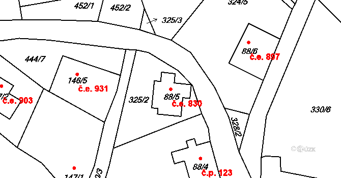Josefův Důl 830 na parcele st. 88/5 v KÚ Josefův Důl u Jablonce nad Nisou, Katastrální mapa