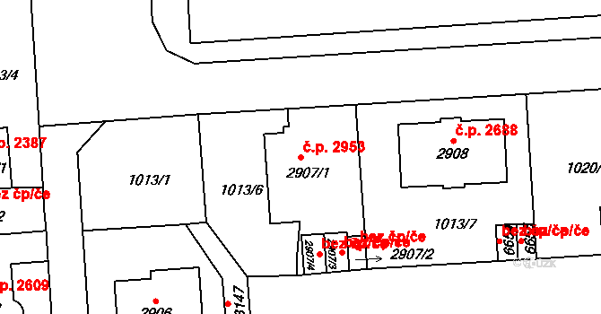 Jablonec nad Nisou 2953 na parcele st. 2907/1 v KÚ Jablonec nad Nisou, Katastrální mapa