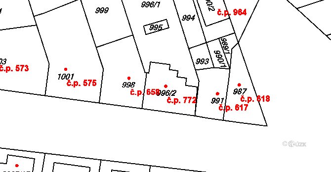 Lužice 772 na parcele st. 996/2 v KÚ Lužice u Hodonína, Katastrální mapa
